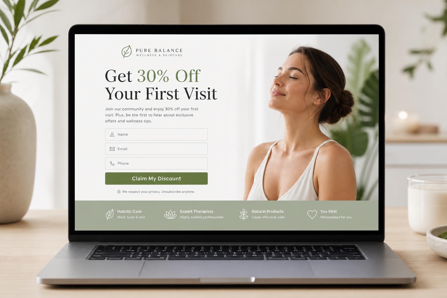 Landing page opt-in form offering 30% off your first visit with name, email, and phone fields